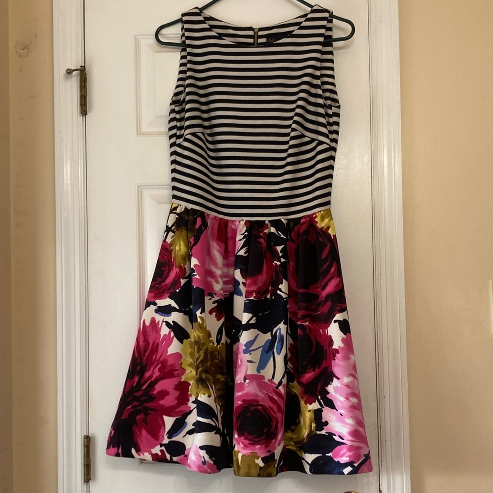Just Taylor Navy and White Striped Dress with Floral Skirt